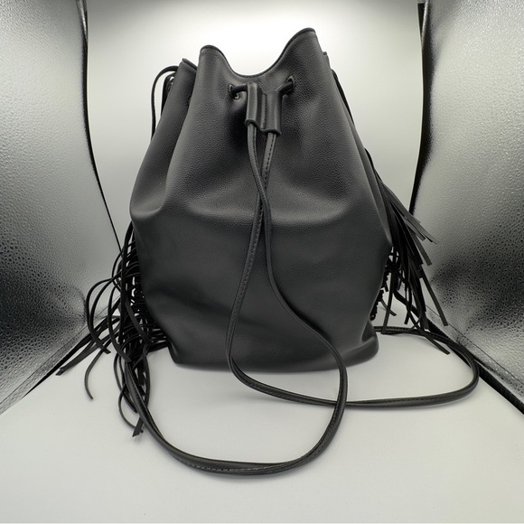 Victoria's Secret Black Faux Leather Shoulder Bucket Bag Fringe Backpack Tote - Picture 3 of 9